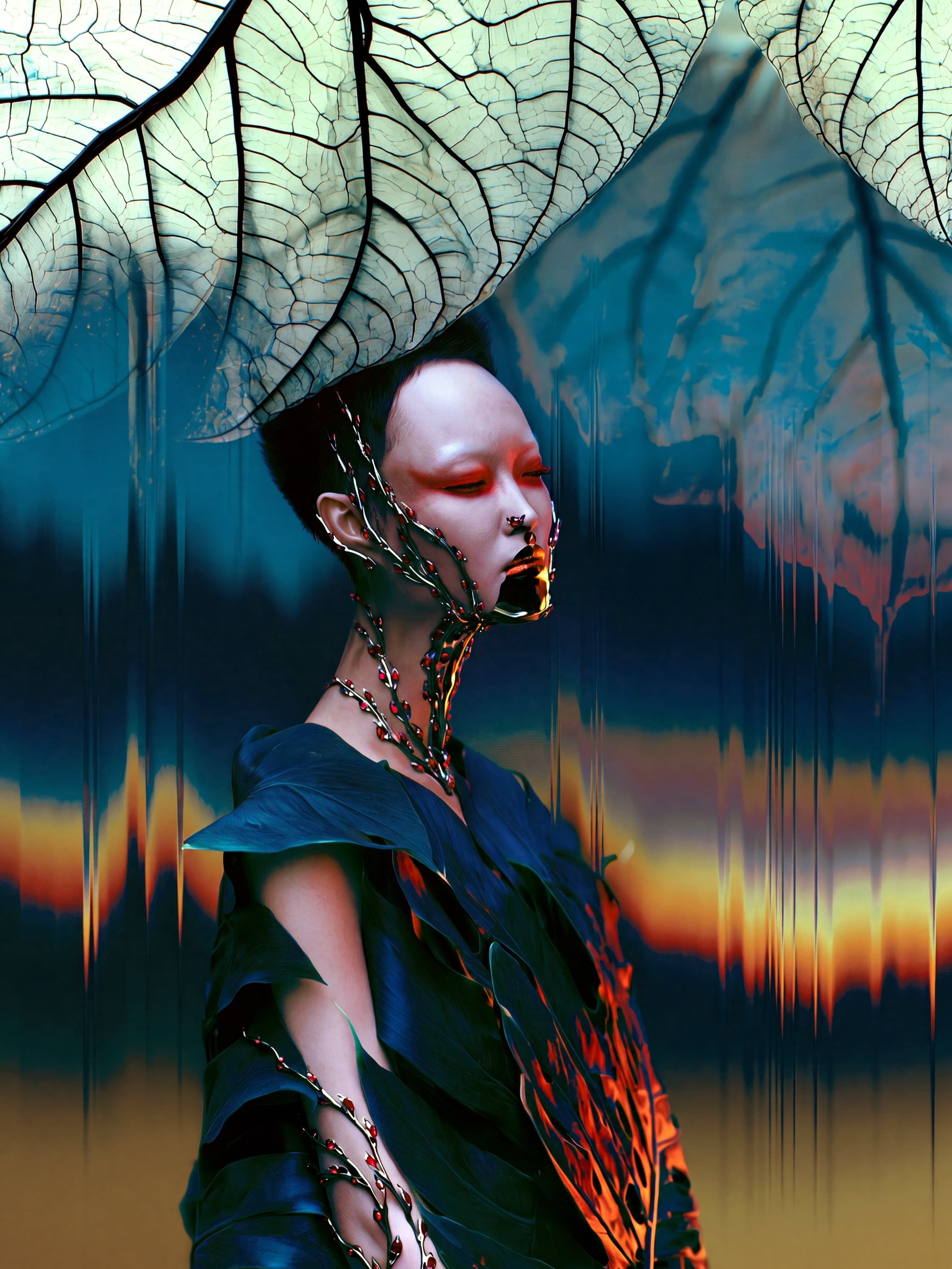 Figure in dark blue clothing beneath a large translucent leaf, with red branch-like adornments against a blue and orange backdrop