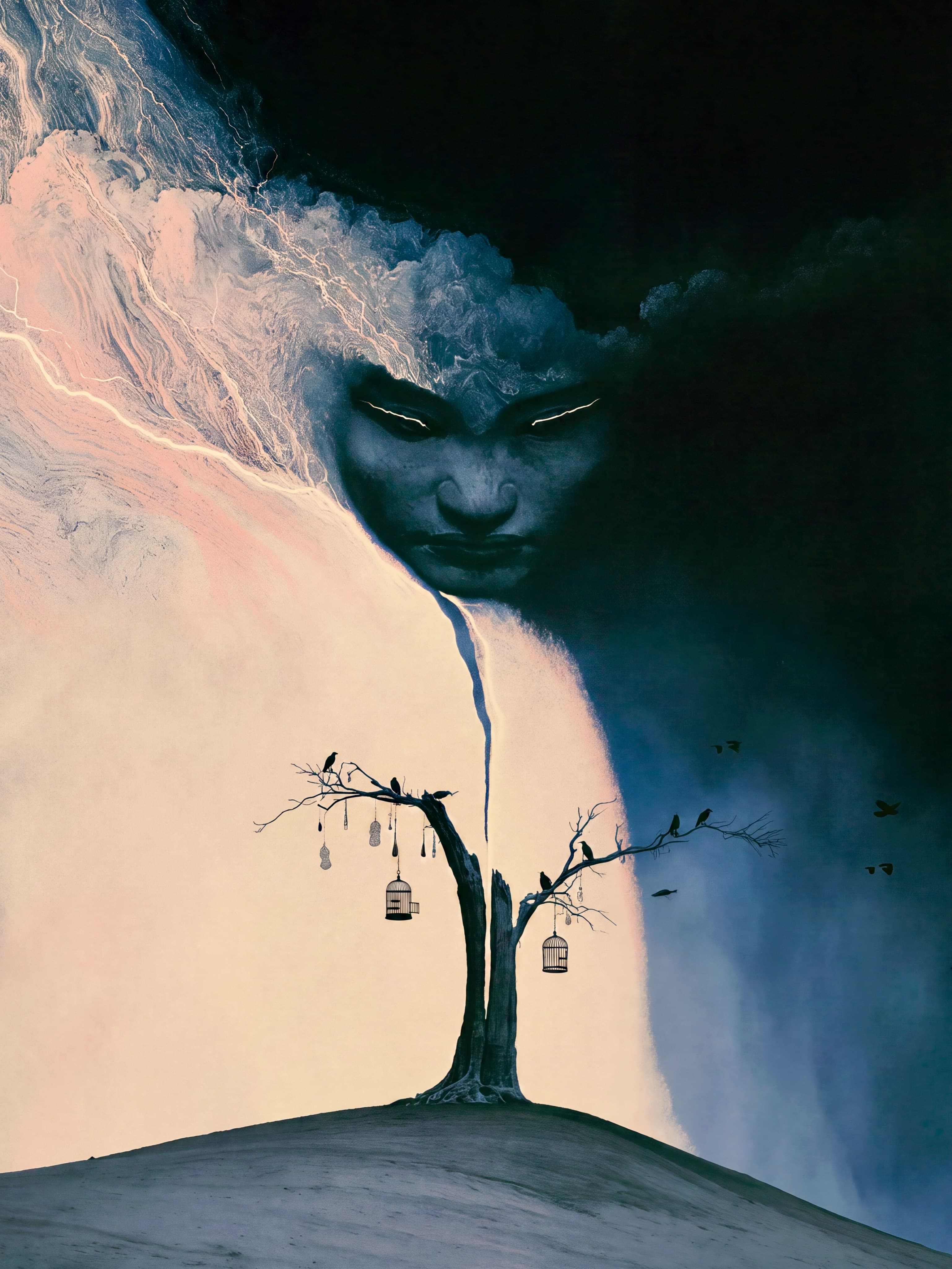 Surreal split landscape with a shadowed face, a bare tree, hanging cages, and birds